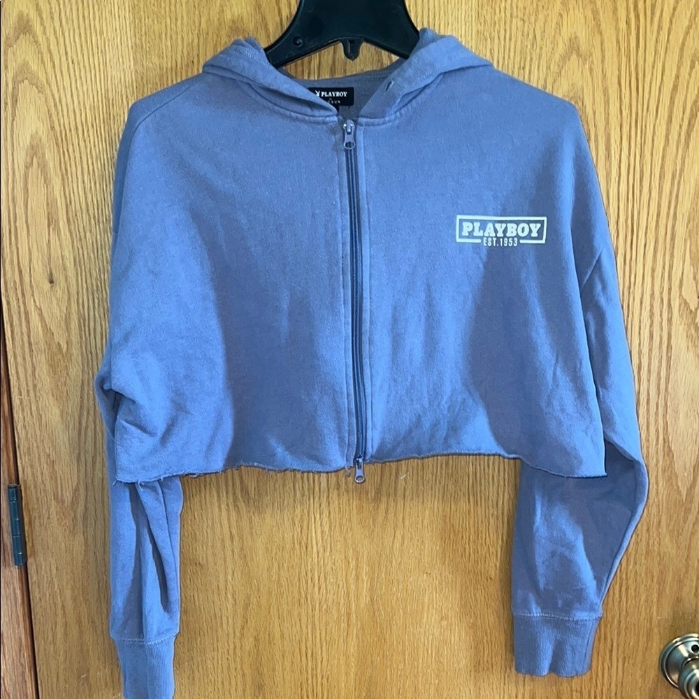 Playboy by Pacsun Cropped Full‎ Zip Hoodie Sweatshirt XS Blue
